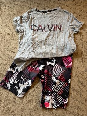 Calvin Klein Gray Tee with Black and Pink Graphic Bike Shorts